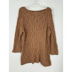 J Jill Crew Neck Cable Knit Sweater Low Hip Length Acrylic Nylon‎ Rust Brown
